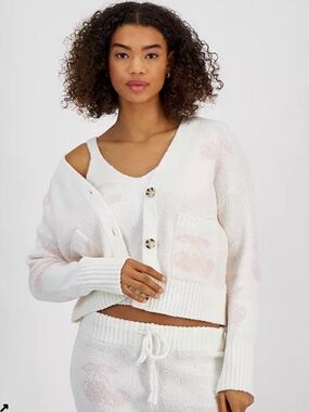 Cozy Brushed Knit V-Neck Cardigan Sweater - White with Subtle Pink